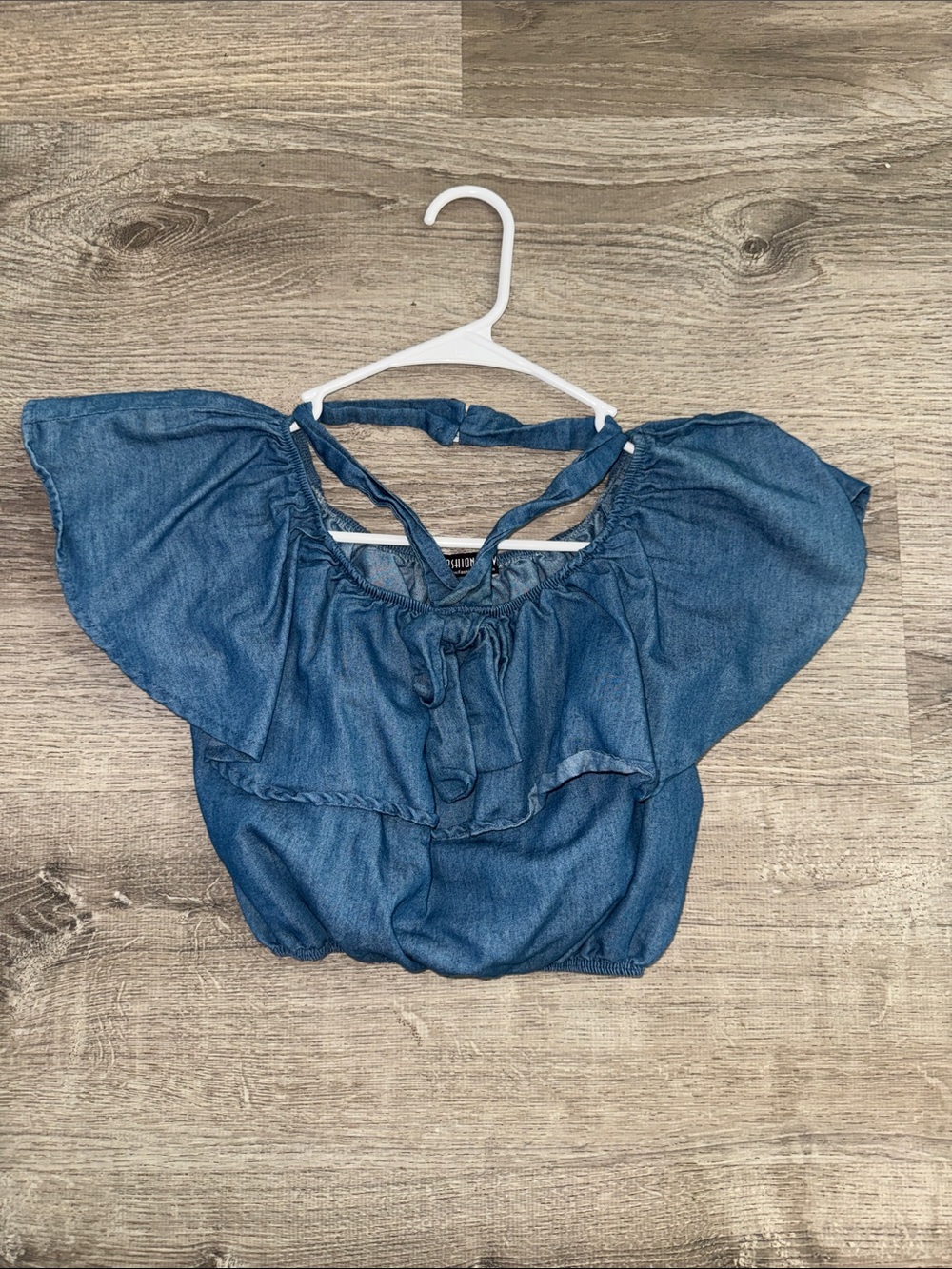 Fashion Nova Denim Blue Off-Shoulder Ruffle Crop Top with Tie Straps